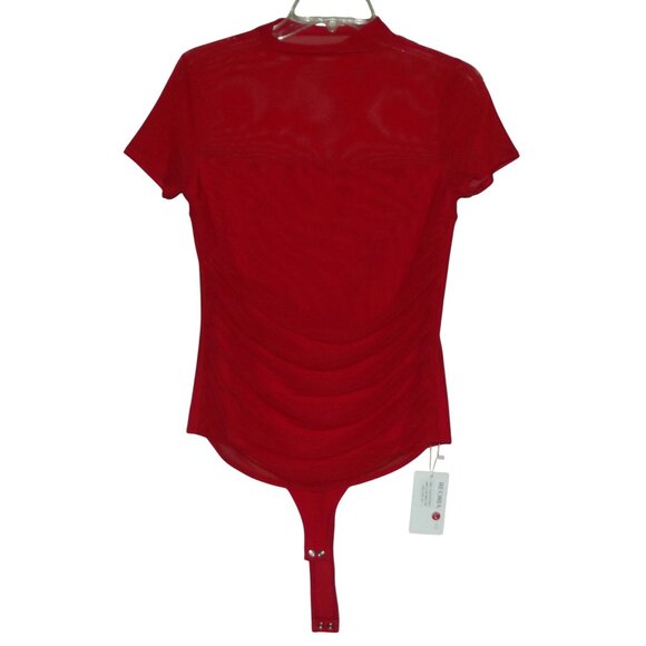 Reoria Bodysuit Womens Large Medium Red high mock neck Short Sleeve sheer ruched - Picture 3 of 13